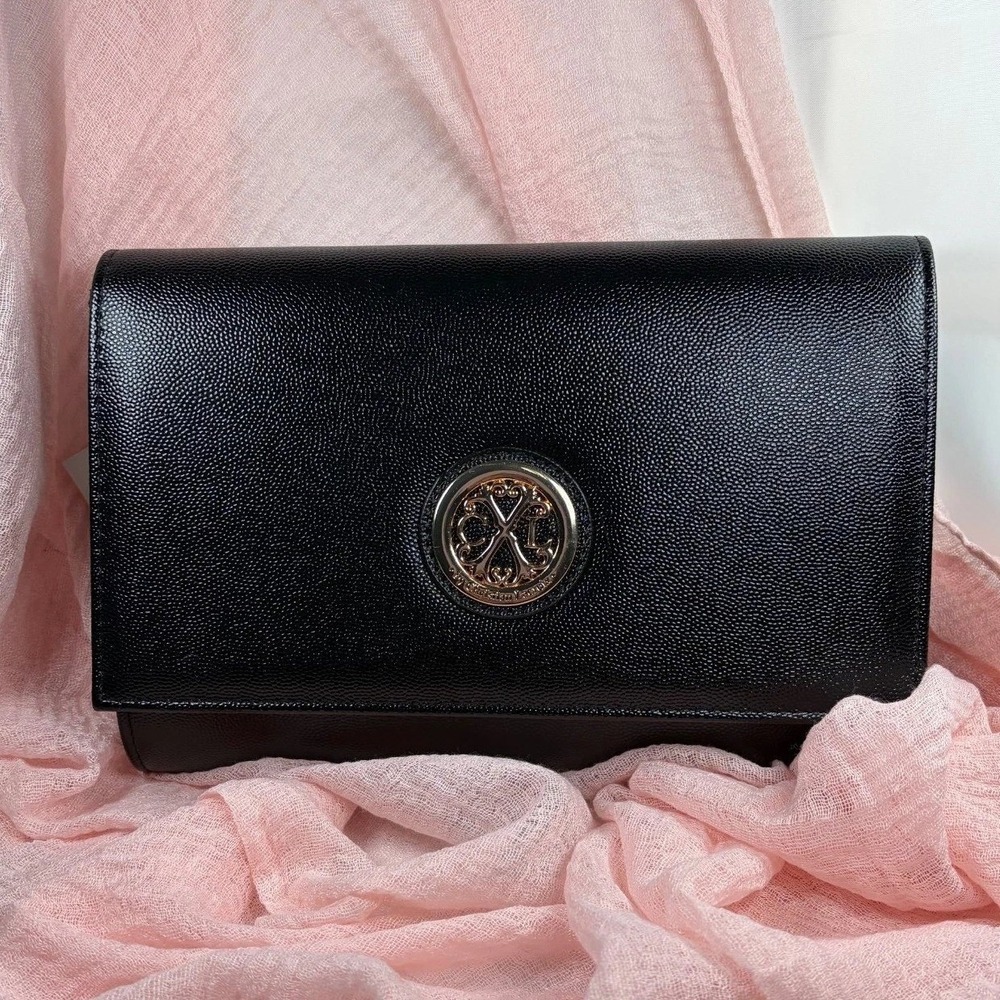 CXL by Christian Lacroix Womens Paris Caviar Clutch Black Detachable Chain New